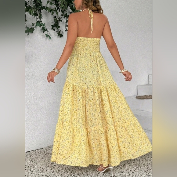 New Boho Floral Wrap Halter Tie Maxi Tiered Dress PLUS Yellow Multi Floral - Picture 3 of 7
